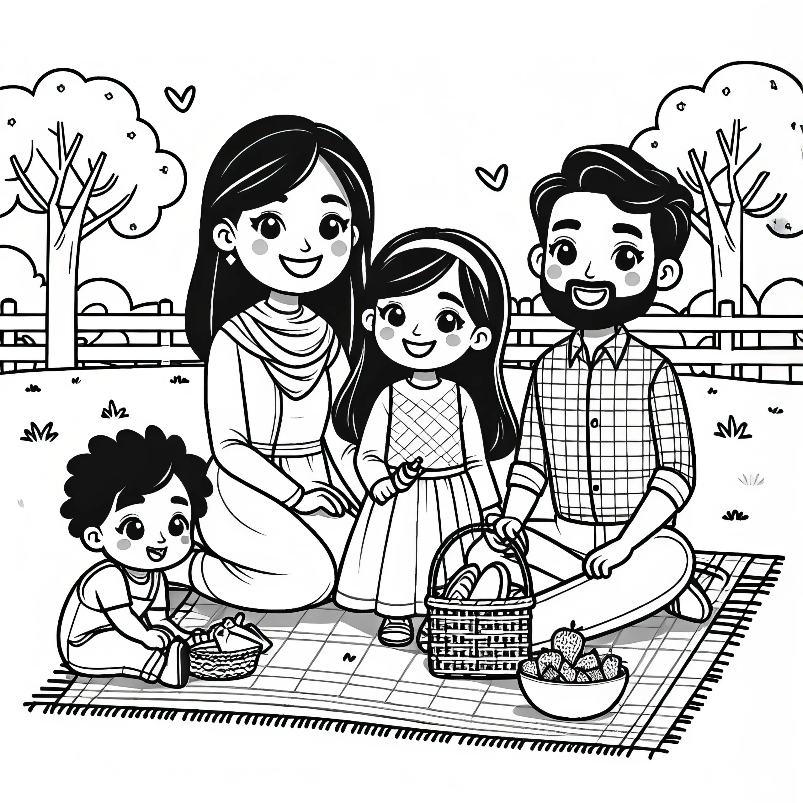 Familie beim Picknick im Park: Kindertag Ausmalbild (Kostenlos)