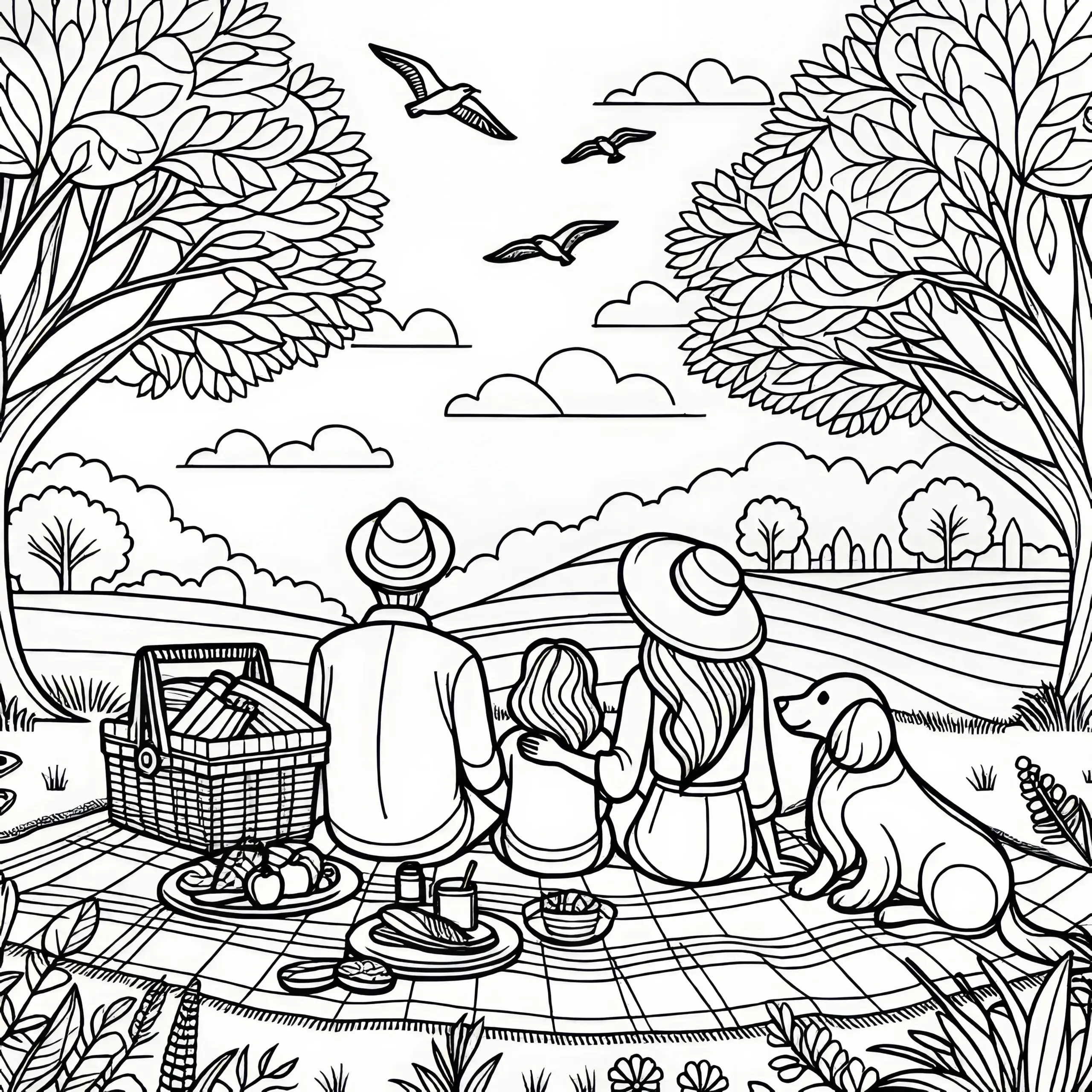 Familie beim Picknick im Park: Malvorlage zum Herunterladen (Gratis) (Ausmalbild)