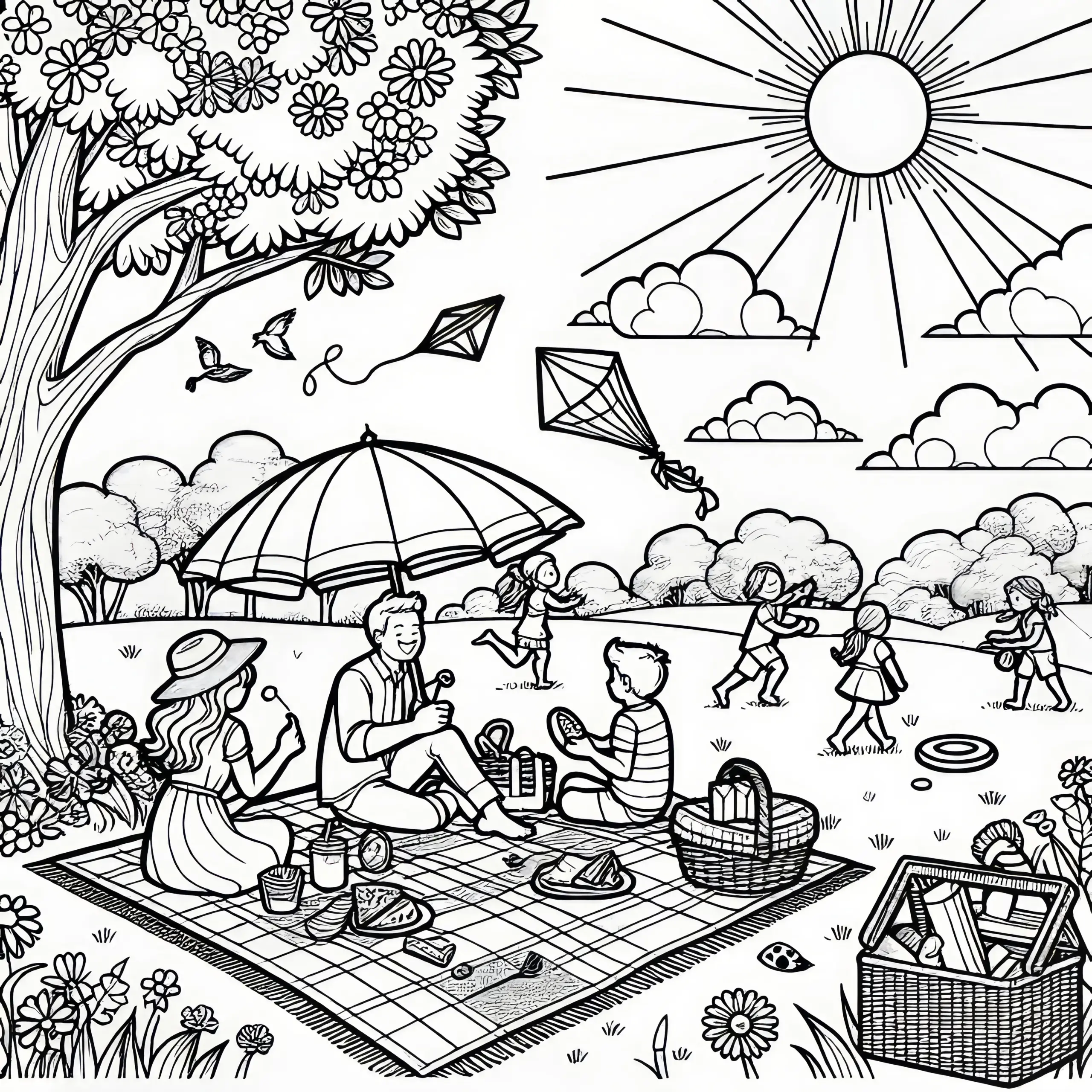 Familie beim Picknick im Park bei Sonnenschein: Malvorlage kostenlos (Ausmalbild)