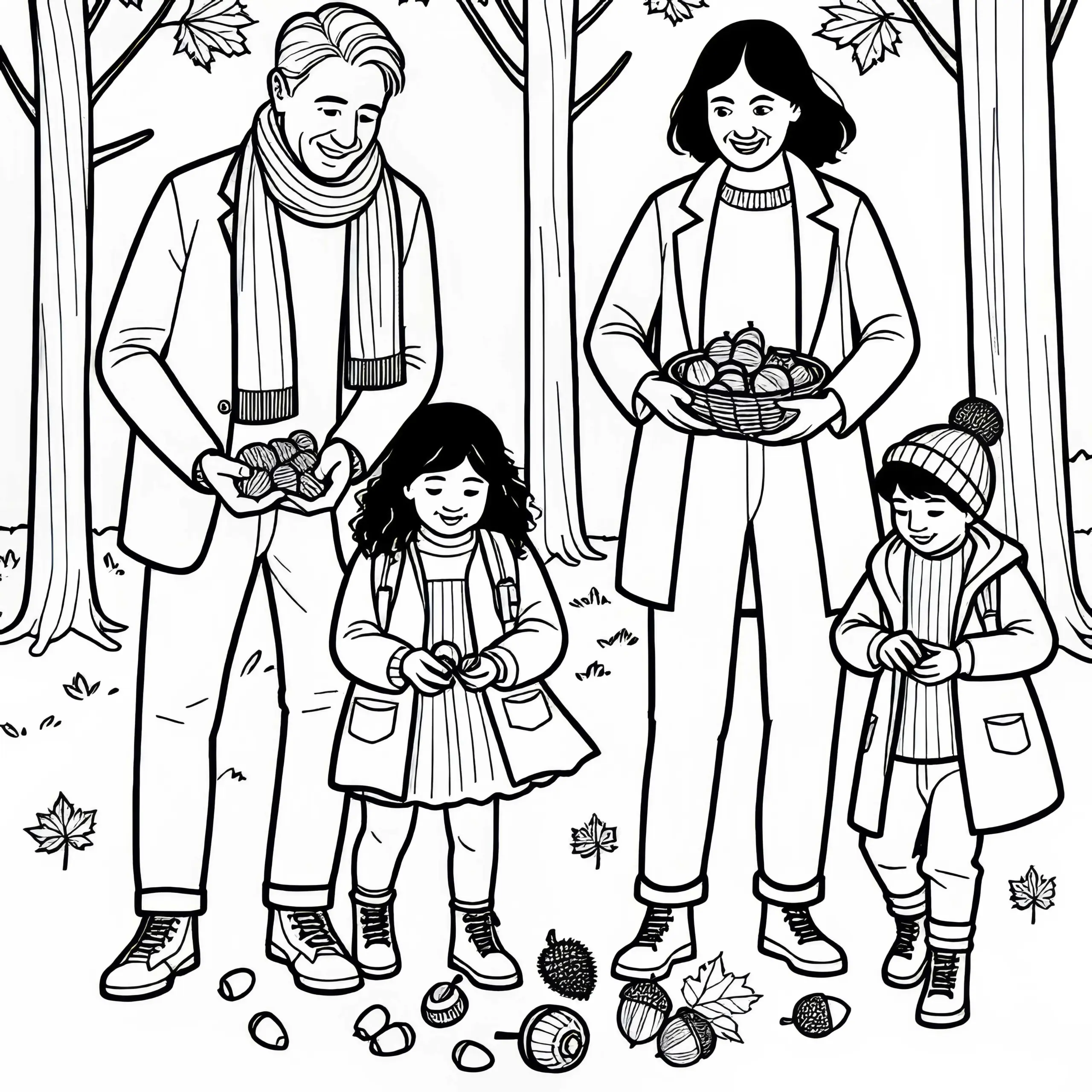 Familie sammelt Kastanien und Eicheln im Wald – Malvorlage Herbst kostenlos (Ausmalbild)