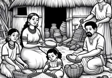 Familie sitzt vor Hütte und bereitet Maisfladen zu – Malvorlage Maya gratis
