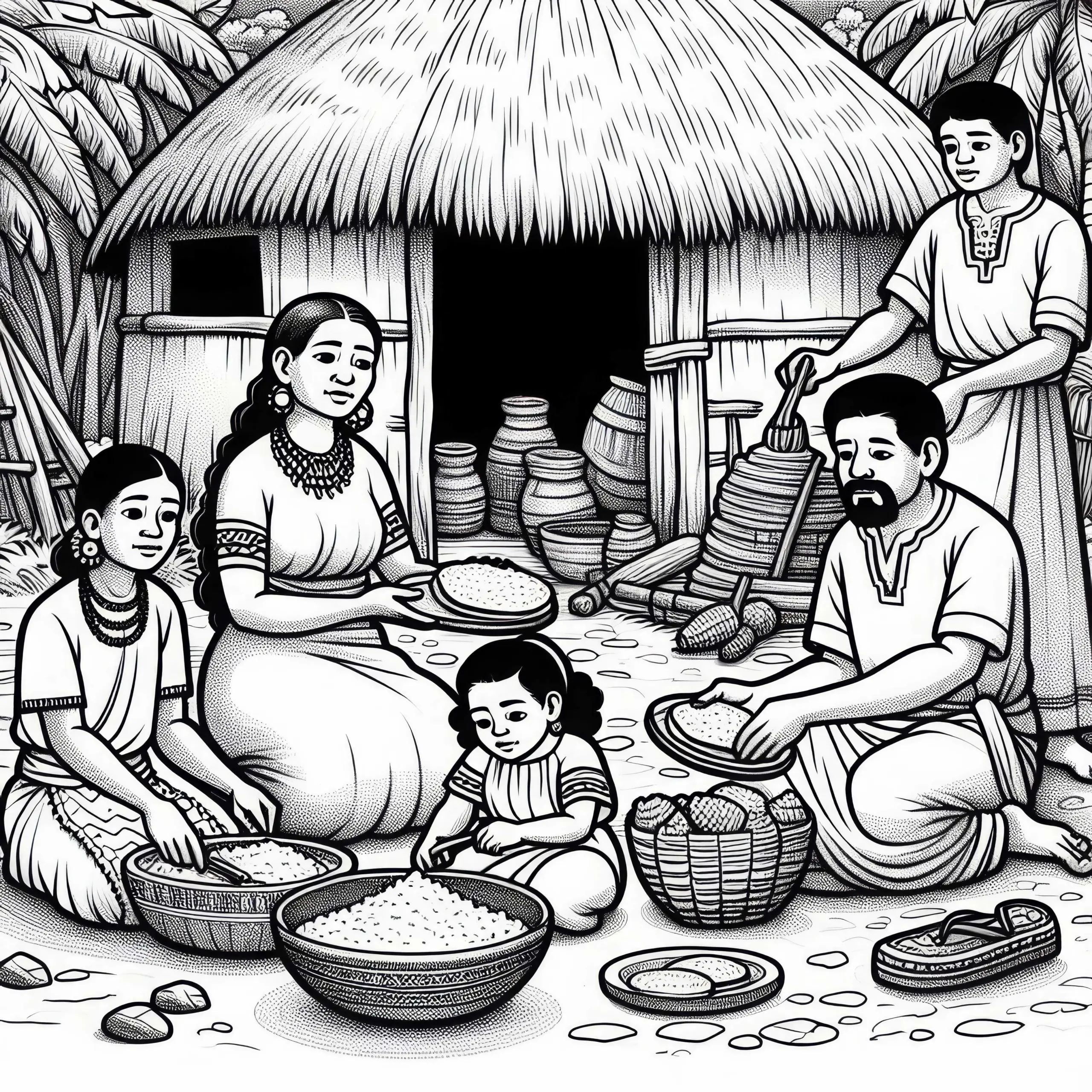 Familie sitzt vor Hütte und bereitet Maisfladen zu – Malvorlage Maya gratis (Ausmalbild)