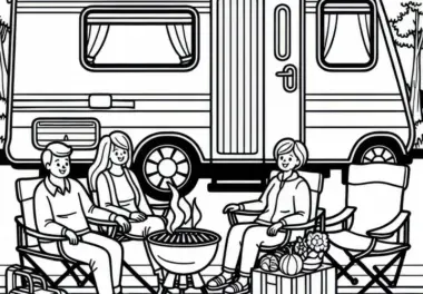 Familie sitzt vor Wohnwagen auf Campingstühlen mit Grill – Malvorlage kostenlos
