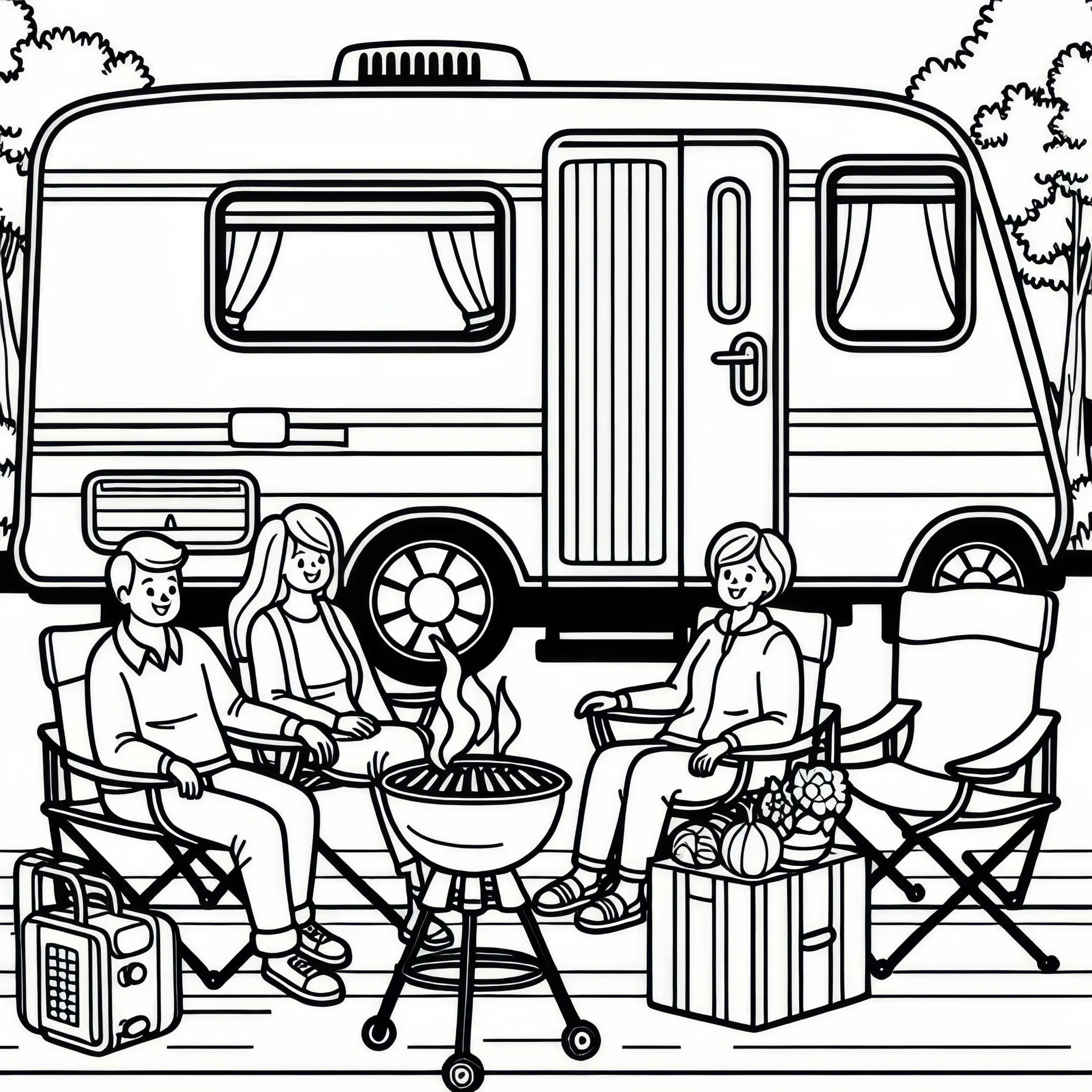 Familie sitzt vor Wohnwagen auf Campingstühlen mit Grill – Malvorlage kostenlos (Ausmalbild)