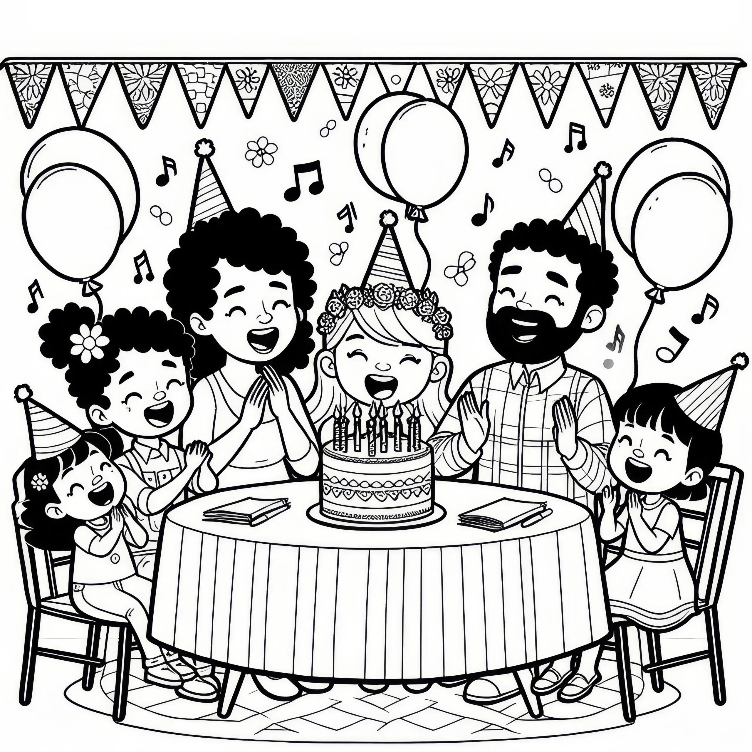 Familie am Tisch singt Geburtstagslied: Ausmalbild zum Download (Kostenlos)