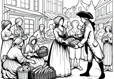 Familie verteilt Brot an Menschen auf dem Marktplatz – Ausmalbild Französische Revolution kostenlos