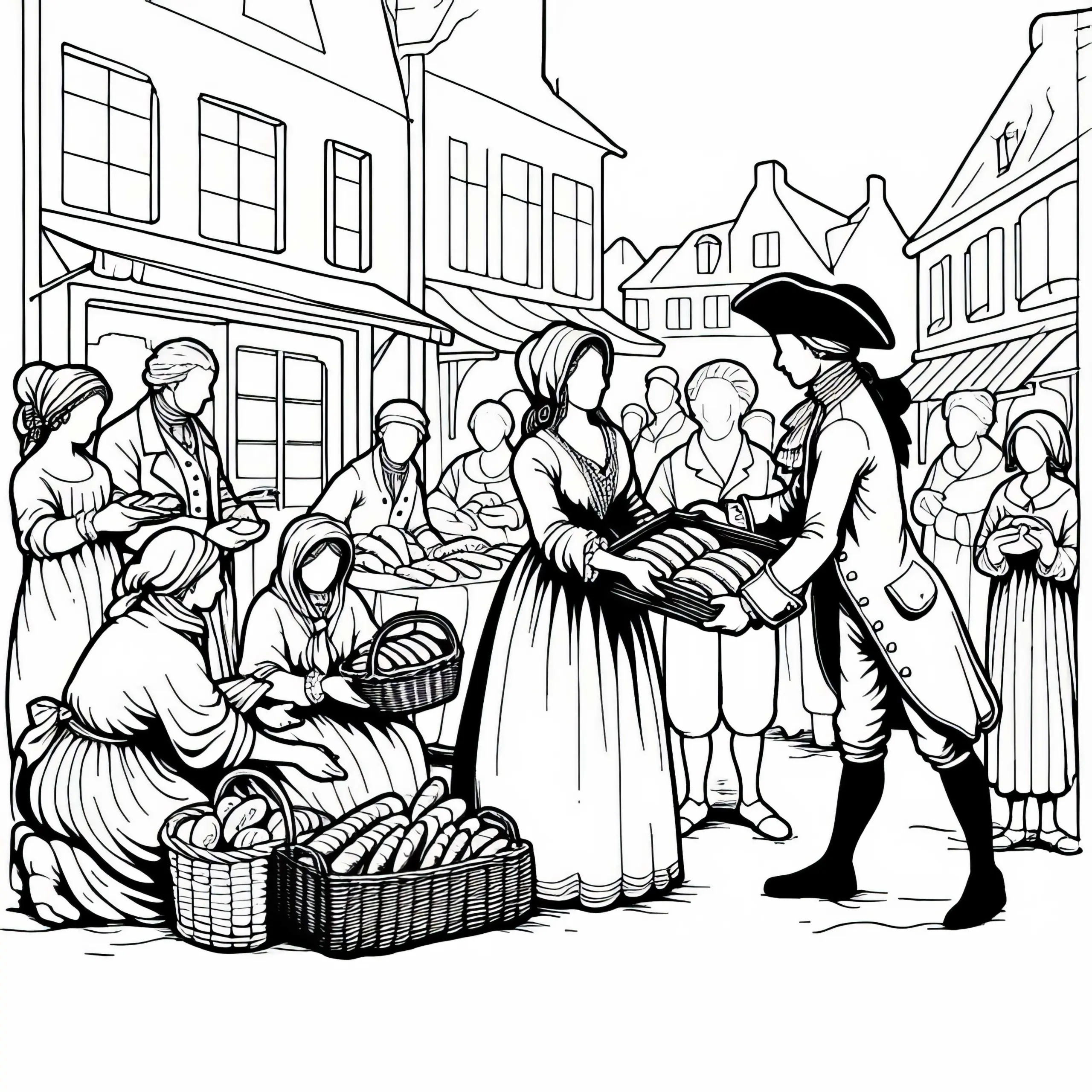 Familie verteilt Brot an Menschen auf dem Marktplatz – Ausmalbild Französische Revolution kostenlos