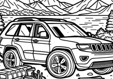 Familienauto steht vor Bergen und See – Ausmalbild zum kostenlosen Download