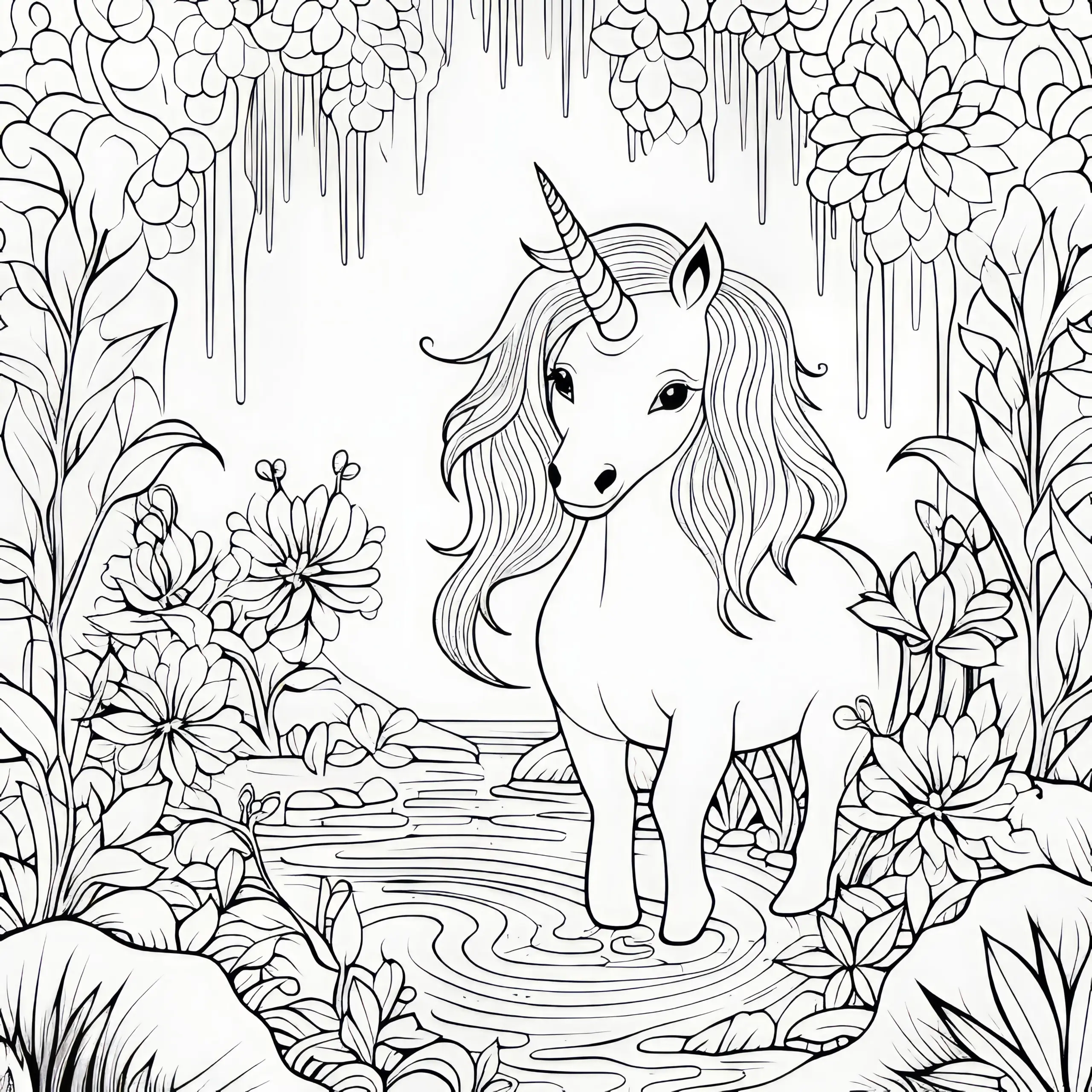 Fantasievolles Einhorn im Wasser zwischen prachtvollen Blumen: Malvorlage zum Download (kostenlos) (Ausmalbild)