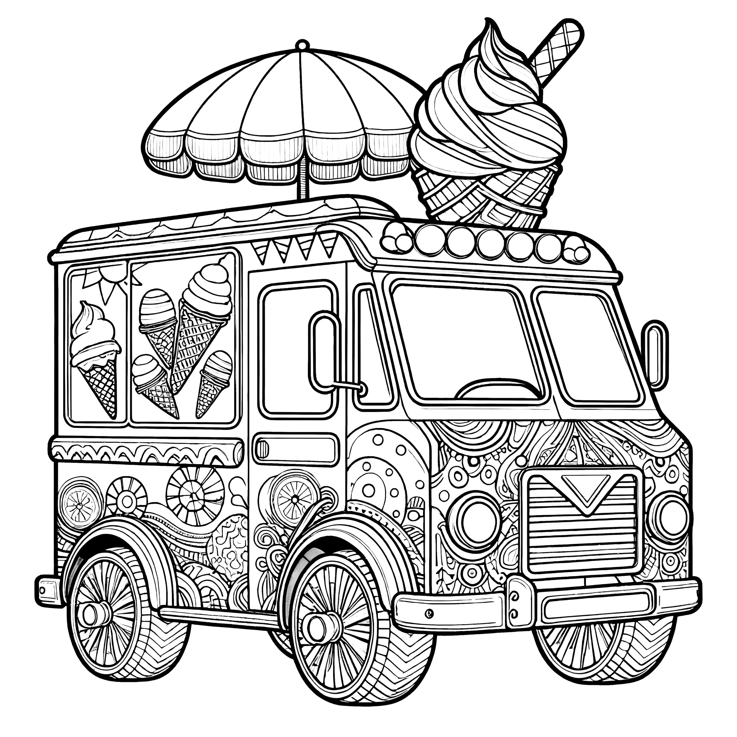 Fantasievolles Eisauto mit Sonnenschirm: Malvorlage zum Download (Gratis) (Ausmalbild)