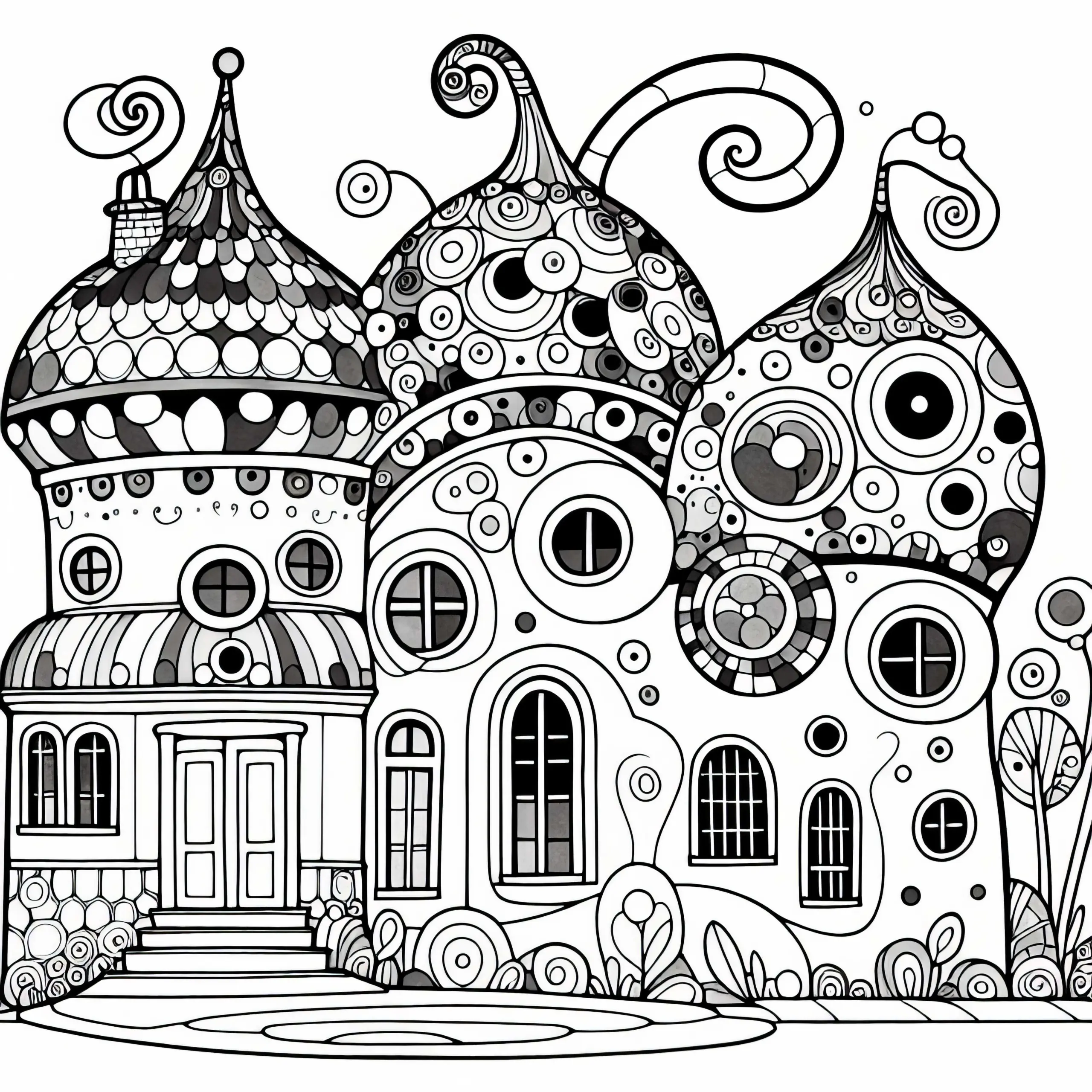 Fantasievolles Haus mit runden Fenstern: Malvorlage im Stil von Friedensreich Hundertwasser (Kostenlos) (Ausmalbild)