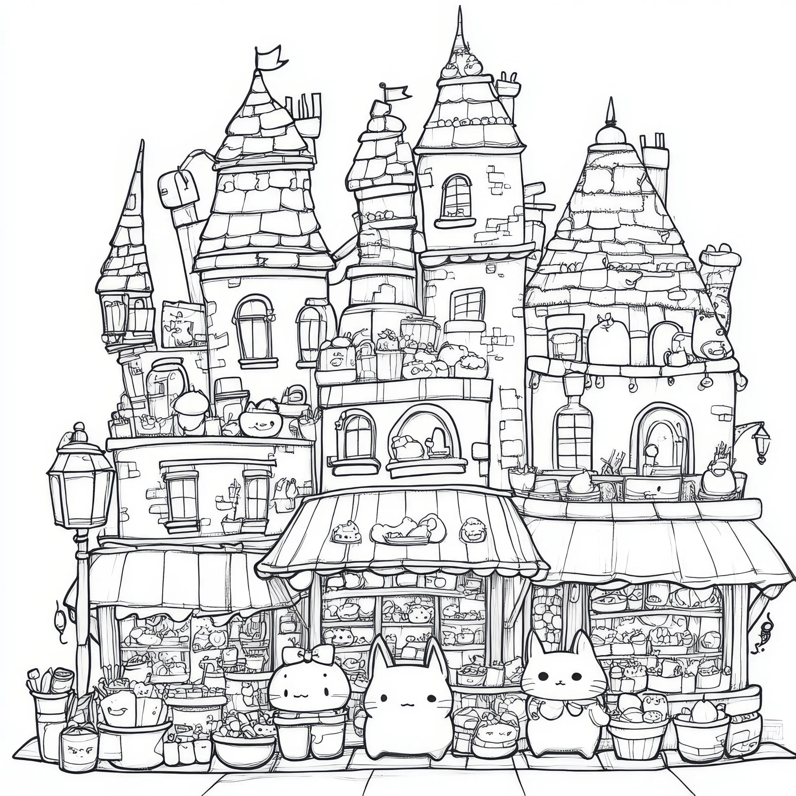Fantastische Burg: Wimmelbild zum Ausmalen (Gratis) (Ausmalbild)