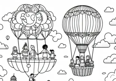 Fantastische Heißluftballons steigen in den Himmel – Ausmalbild kostenlos