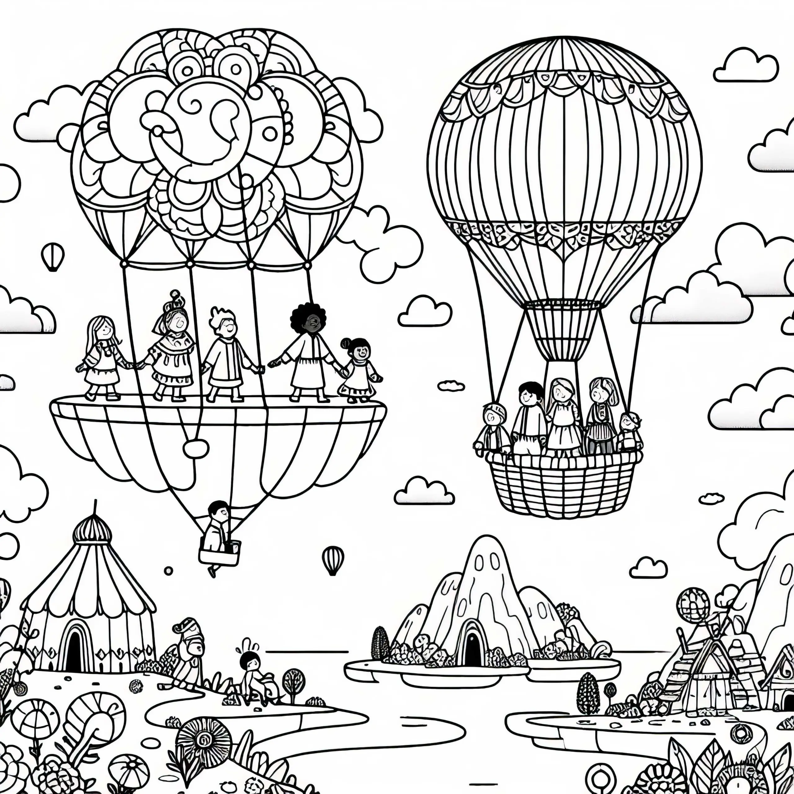 Fantastische Heißluftballons steigen in den Himmel – Ausmalbild kostenlos