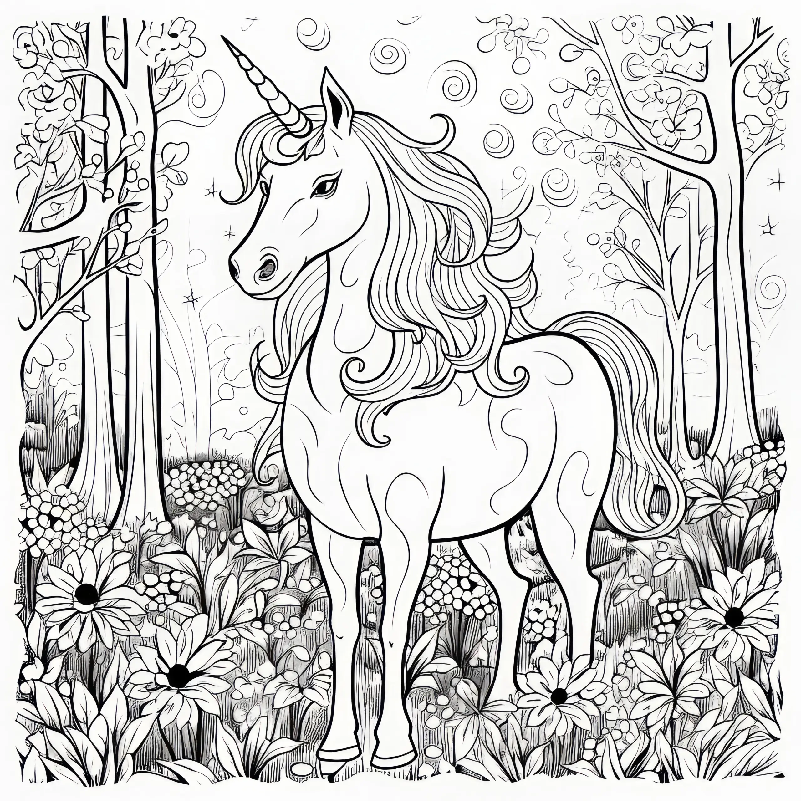 Fantastisches Einhorn im Blütenmeer des Walds: Bild zum Download (Gratis) (Ausmalbild)