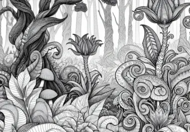Fantasy-Wald mit Pflanzen: Ausmalbild für Mädchen ab zwölf kostenlos