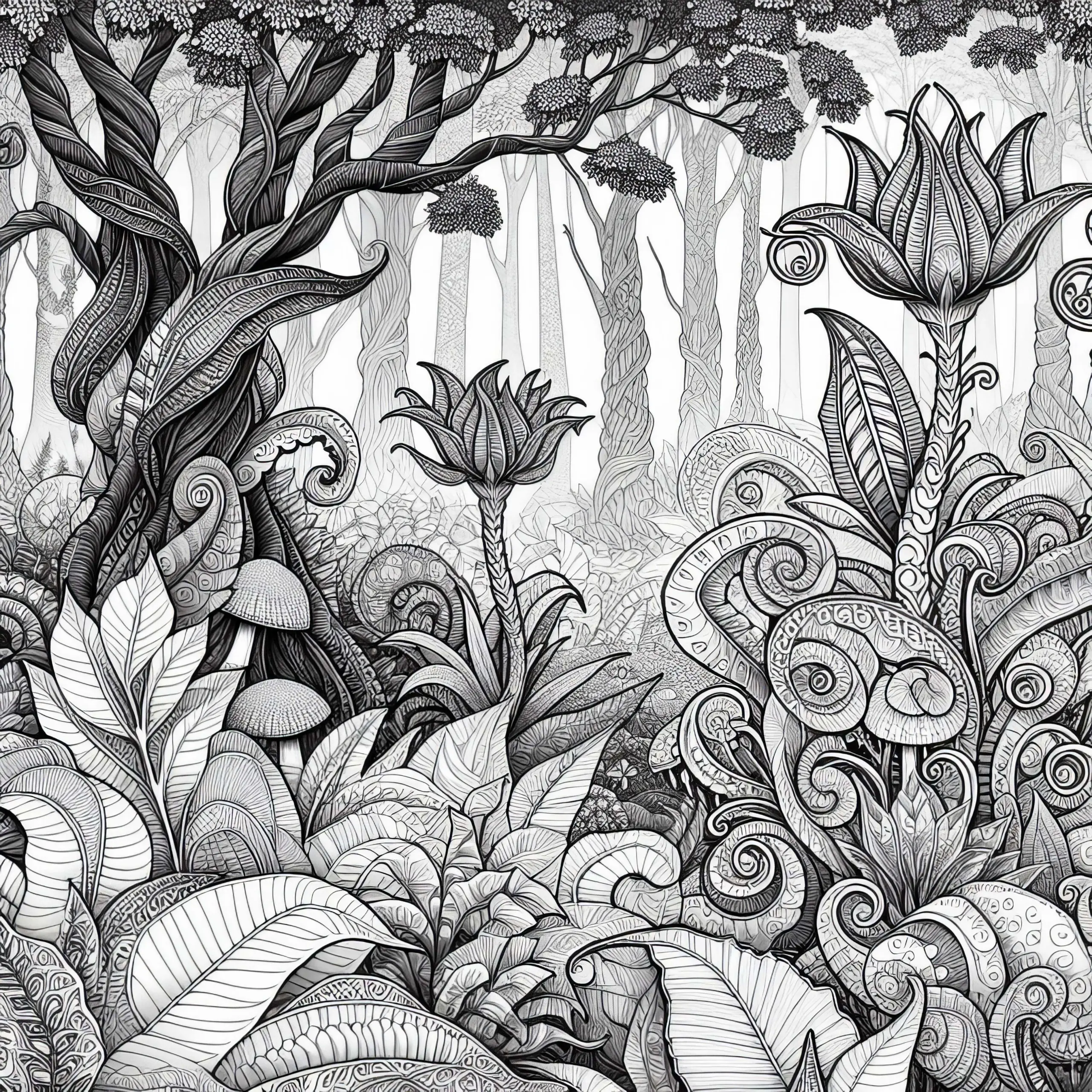 Fantasy-Wald mit Pflanzen: Ausmalbild für Mädchen ab zwölf kostenlos