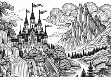 Fantasylandschaft mit Schloss und Wasserfall – Ausmalbild für Erwachsene
