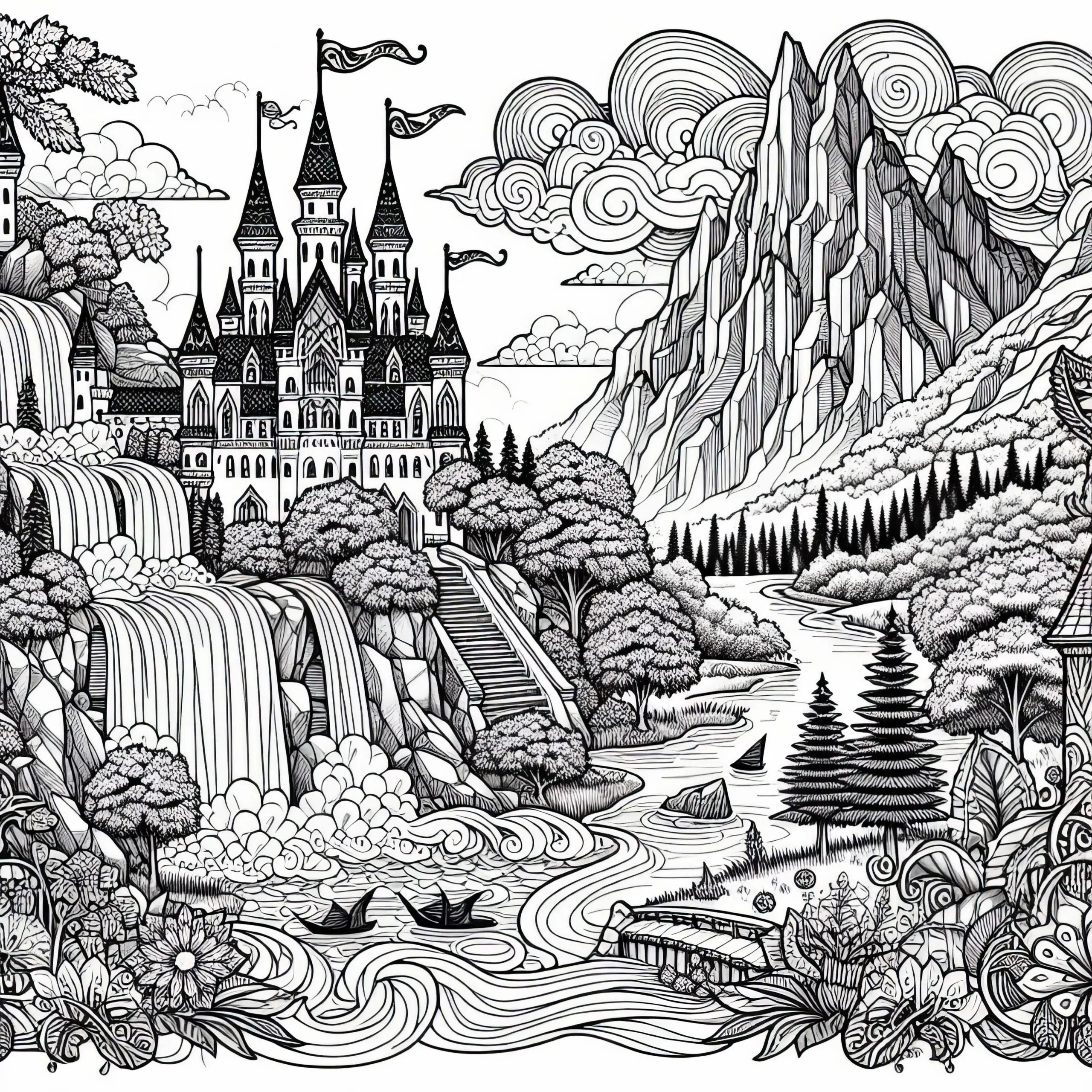 Fantasylandschaft mit Schloss und Wasserfall – Ausmalbild für Erwachsene