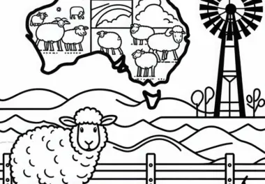 Farm mit Schafen, Zaun und Windrad – Malvorlage Australien und Ozeanien