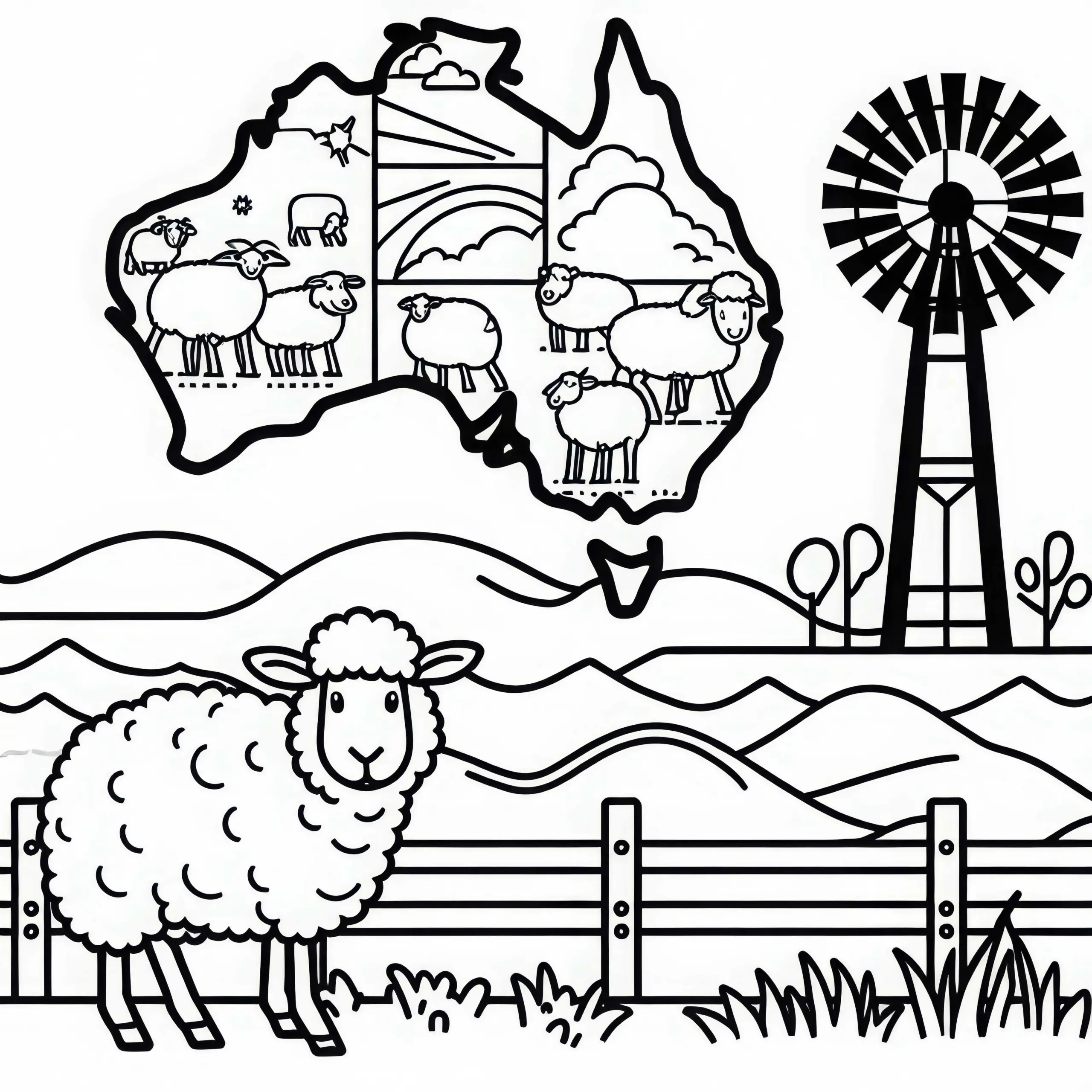 Farm mit Schafen, Zaun und Windrad – Malvorlage Australien und Ozeanien (Ausmalbild)