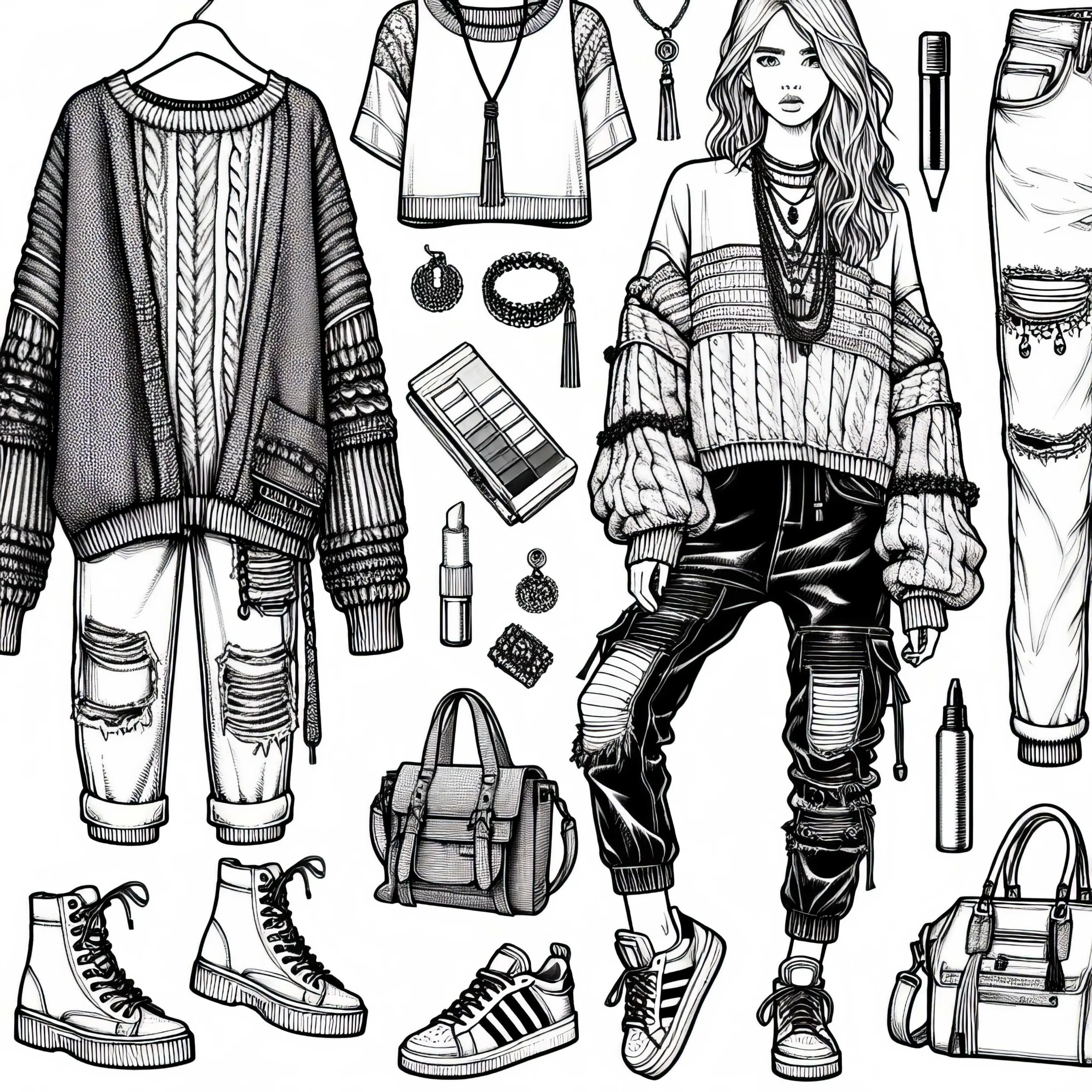 Fashionfigur mit Streetstyle Kleidung: Malvorlage für Mädchen ab zwölf gratis (Ausmalbild)