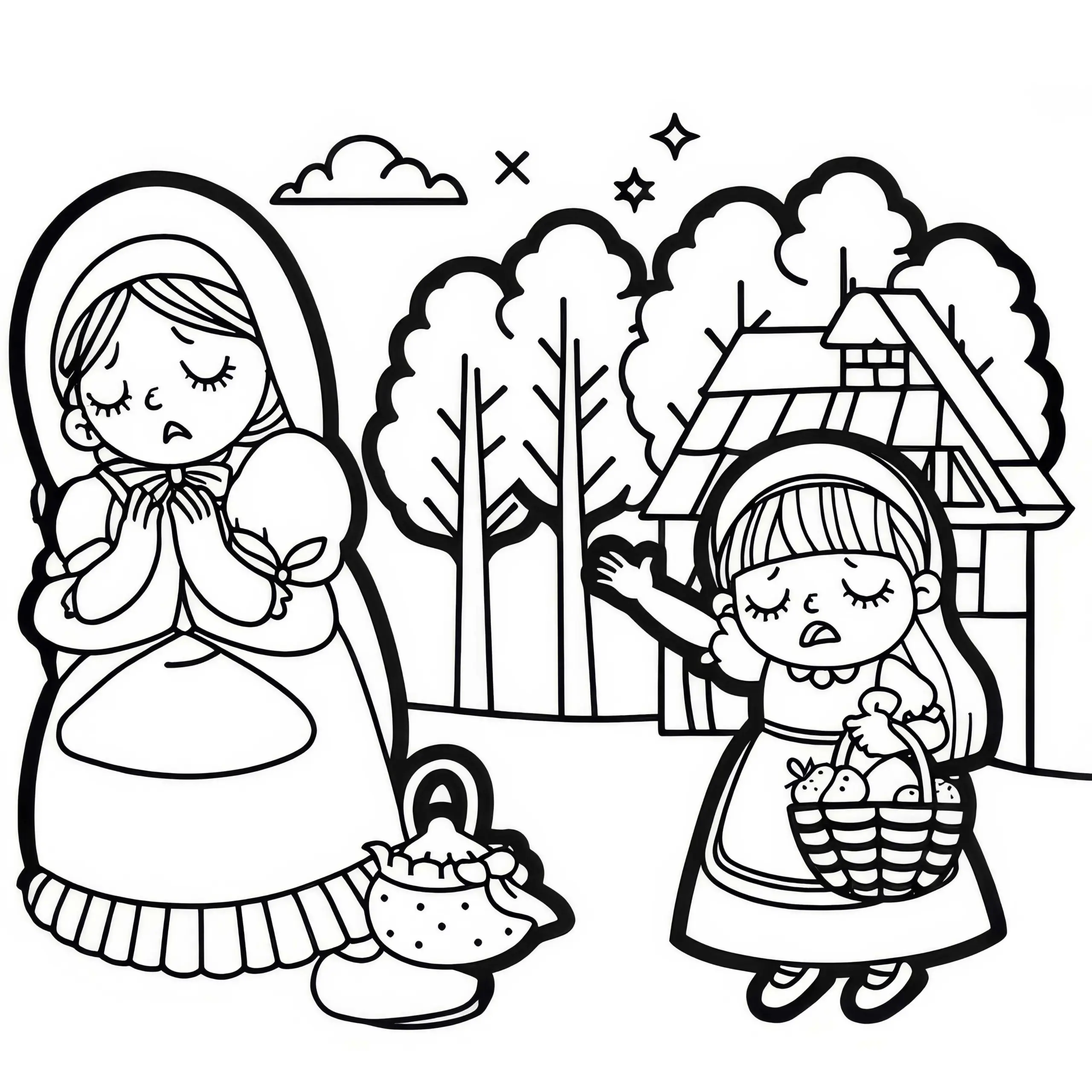 Faule Tochter verweigert Frau Holle die Arbeit – Ausmalbild zum Download