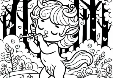 Faun spielt Flöte und tanzt auf Waldlichtung – Ausmalbild kostenlos
