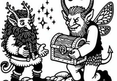 Faun streitet mit Troll um Schatz – Ausmalbild gratis