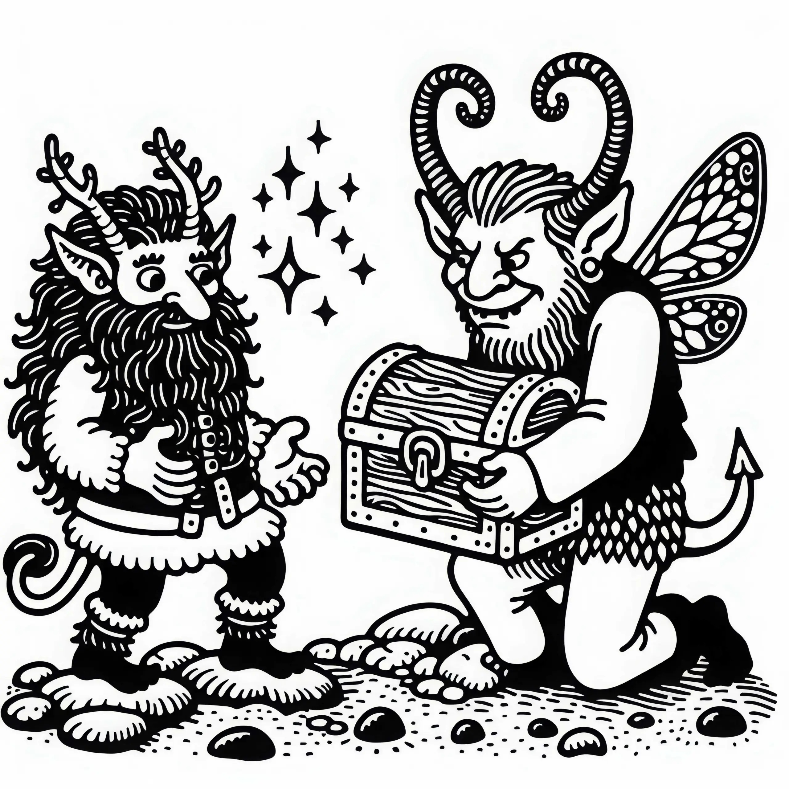 Faun streitet mit Troll um Schatz – Ausmalbild gratis