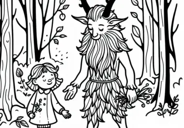 Der Faun zeigt dem Kind den Weg durch den Wald – Malvorlage kostenlos