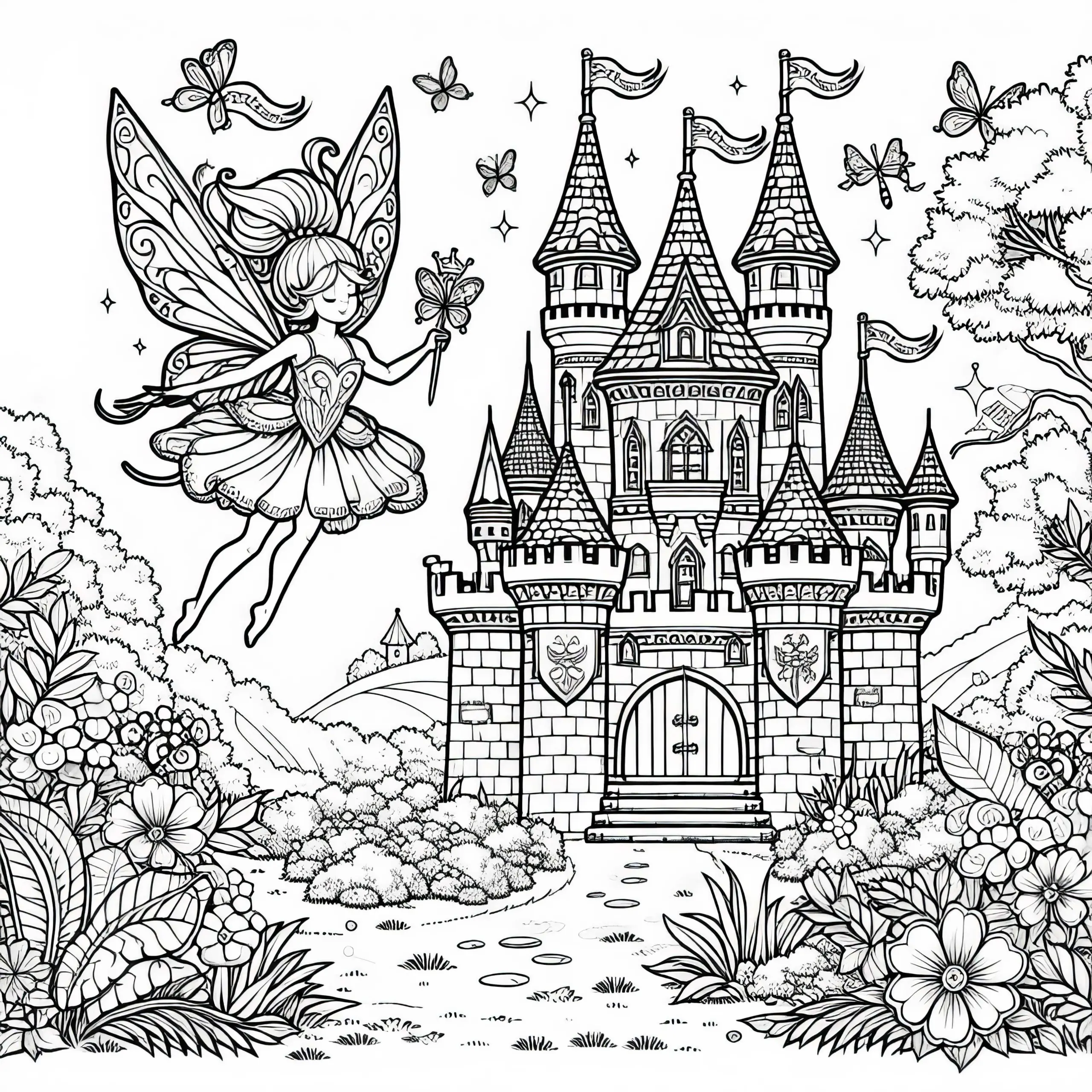 Fee fliegt über prächtiges Schloss mit Türmen, Wimpeln und blühendem Garten: Malvorlage zum Download (Kostenlos) (Ausmalbild)