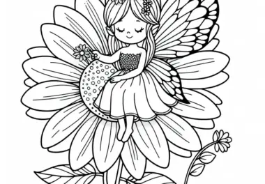 Fee sitzt auf Blume – Ausmalbild für Mädchen ab drei, gratis