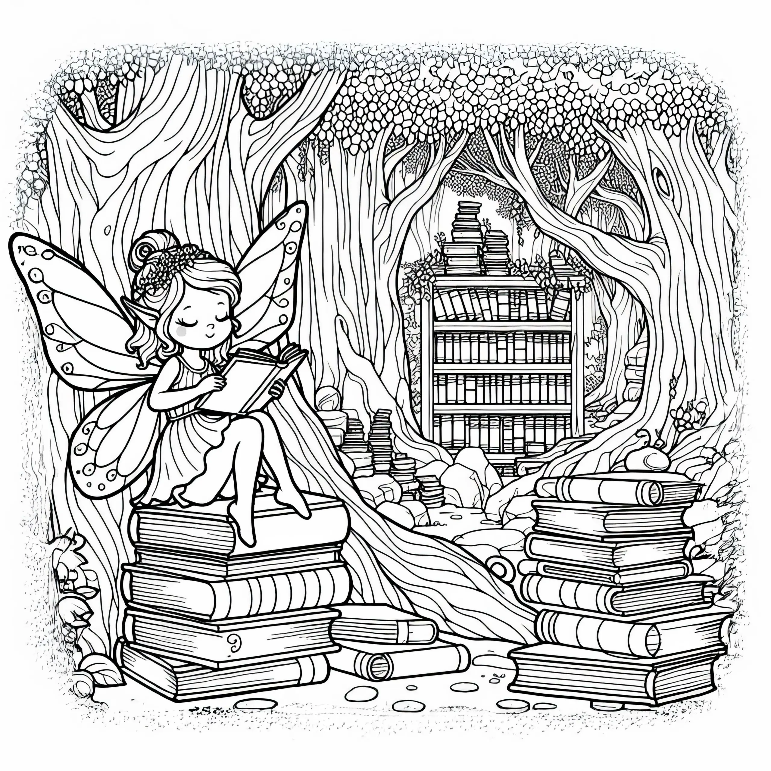 Fee sitzt auf Büchern in einer Bibliothek zwischen alten Bäumen: Ausmalbild zum Download (Gratis)
