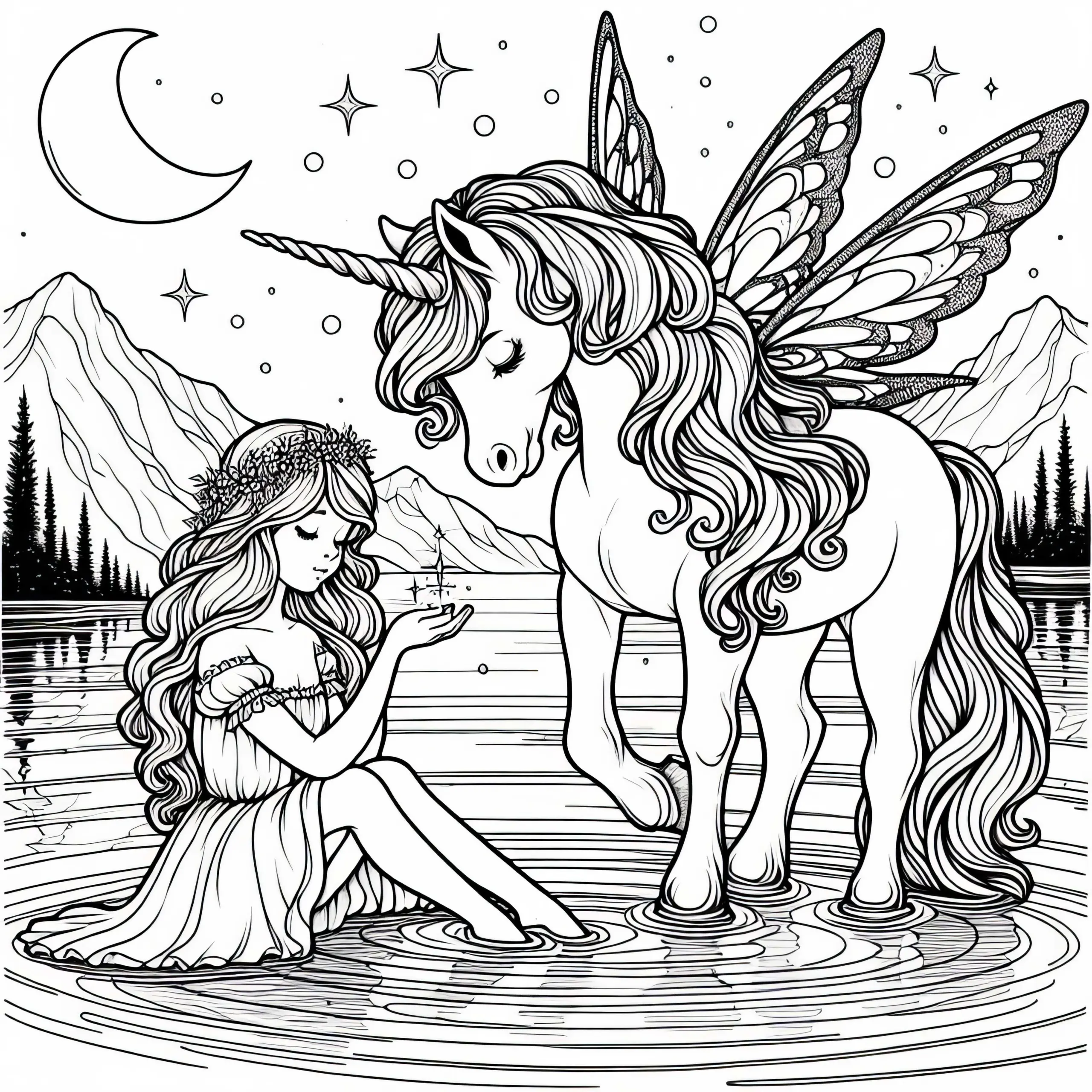 Fee sitzt am Ufer eines geheimnisvollen Sees mit Einhorn: Kostenloses Malvorlage (Ausmalbild)