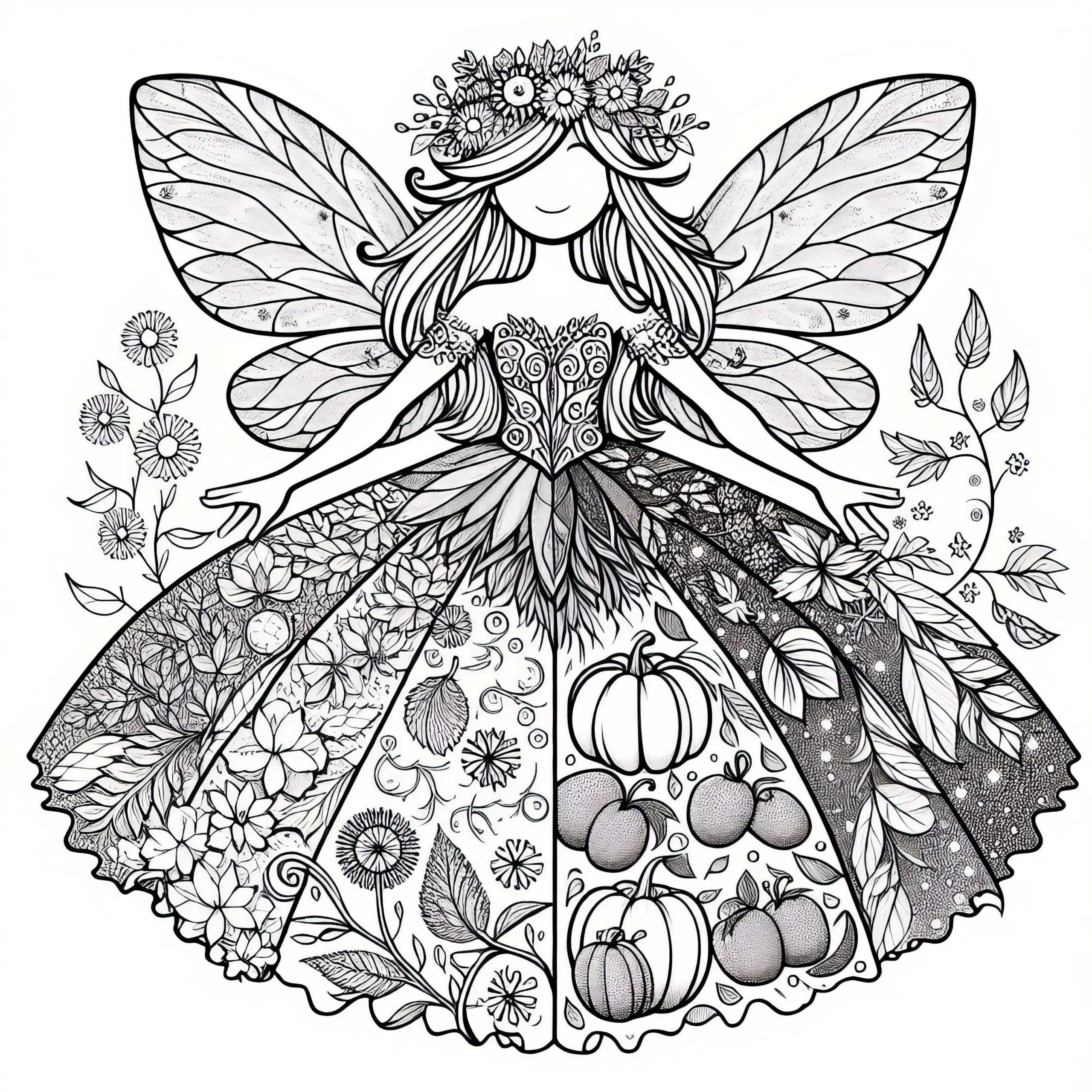 Fee trägt Kleid für Frühling, Sommer, Herbst und Winter: Malvorlage zum Download (Gratis) (Ausmalbild)