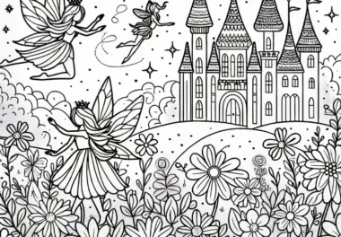 Feen tanzen auf Blumenwiese vor funkeln-dem Märchenschloss – Malvorlage gratis