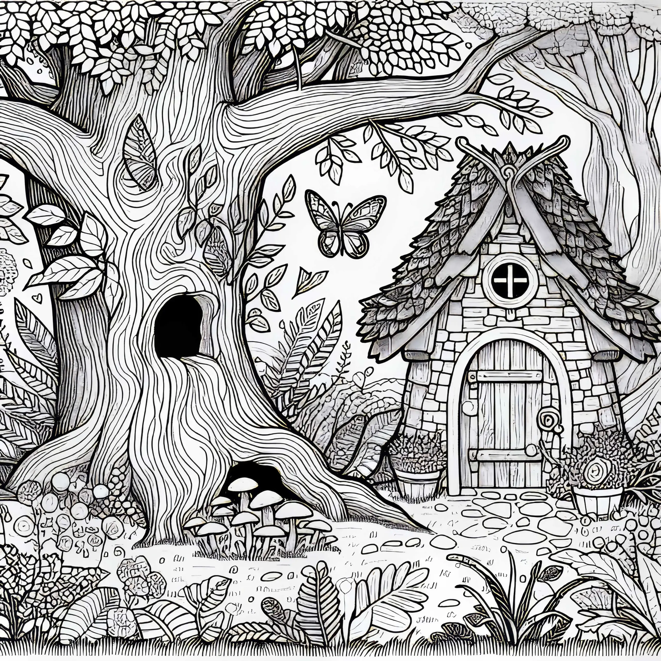 Feenlichtung Haus einer Waldfee Malvorlage Kostenlos (Ausmalbild)