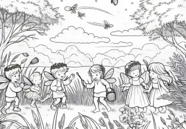 Feenlichtung: Kinder spielen zwischen hohen Gräsern – Malvorlage kostenlos