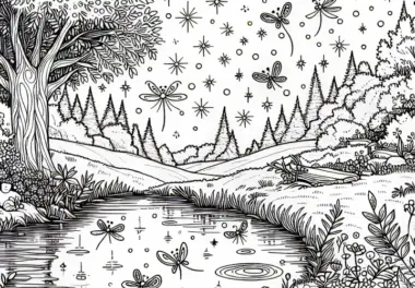 Feenlichtung mit kleinem Teich – Ausmalbild kostenlos