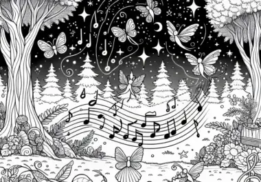 Feenlichtung mit schwebenden Musiknoten in der Luft – Malvorlage kostenlos