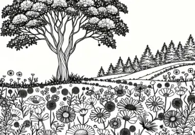 Feld mit Blumen unter großem Baum als Malvorlage kostenlos