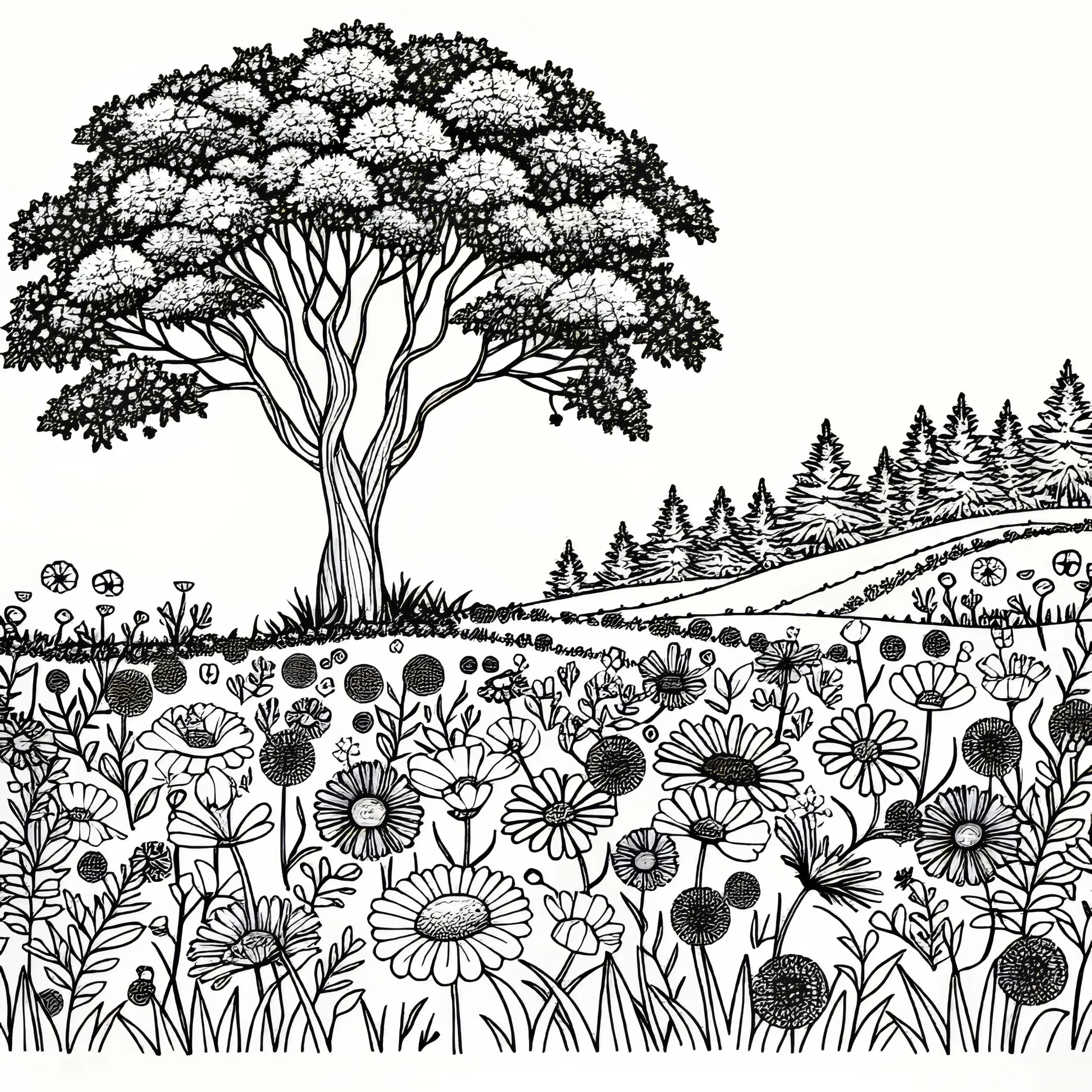 Feld mit Blumen unter großem Baum als Malvorlage kostenlos (Ausmalbild)