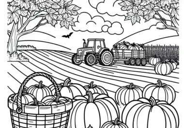 Feld mit Erntekorb voller Kürbisse und Traktor im Hintergrund – Ausmalbild Herbst kostenlos