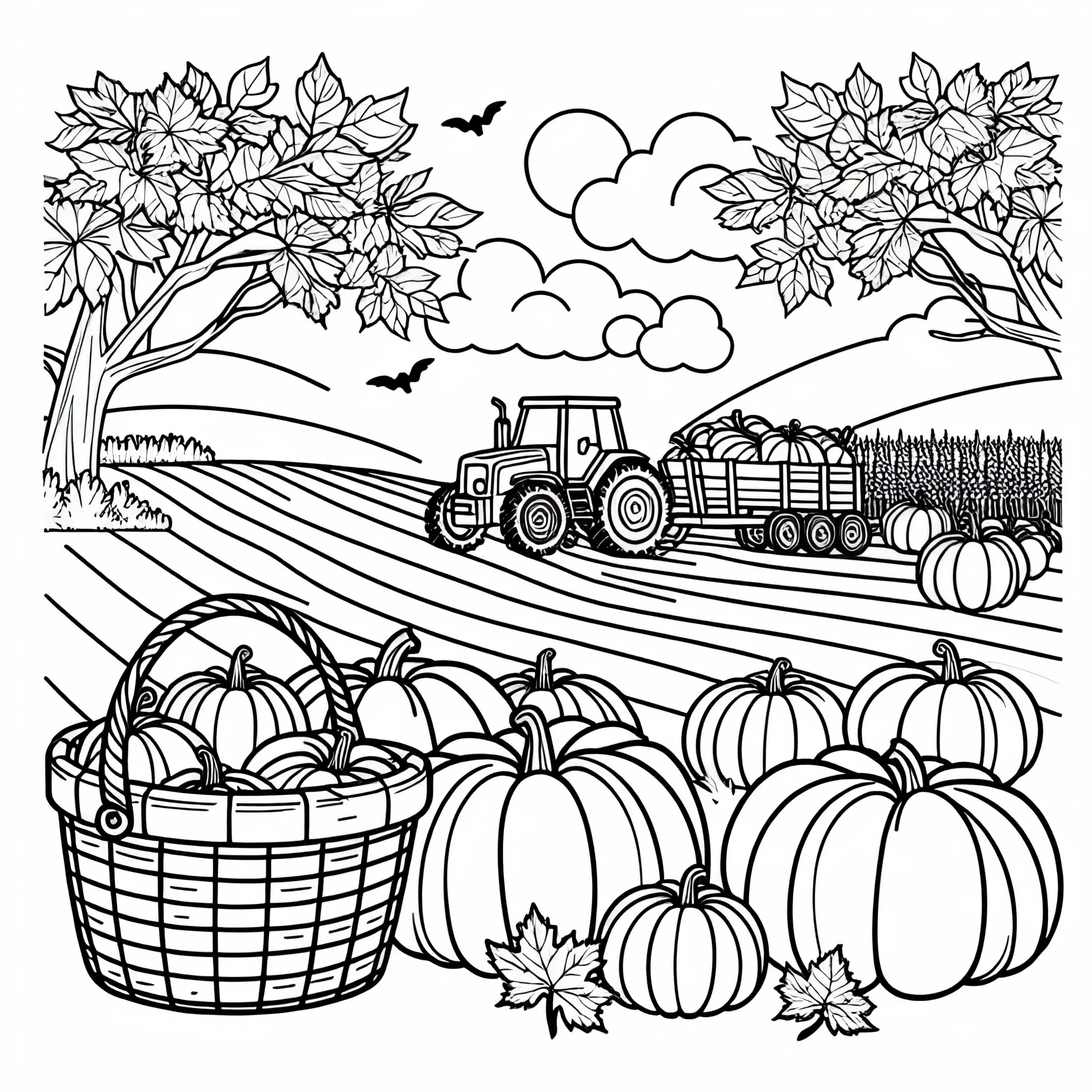 Feld mit Erntekorb voller Kürbisse und Traktor im Hintergrund – Ausmalbild Herbst kostenlos