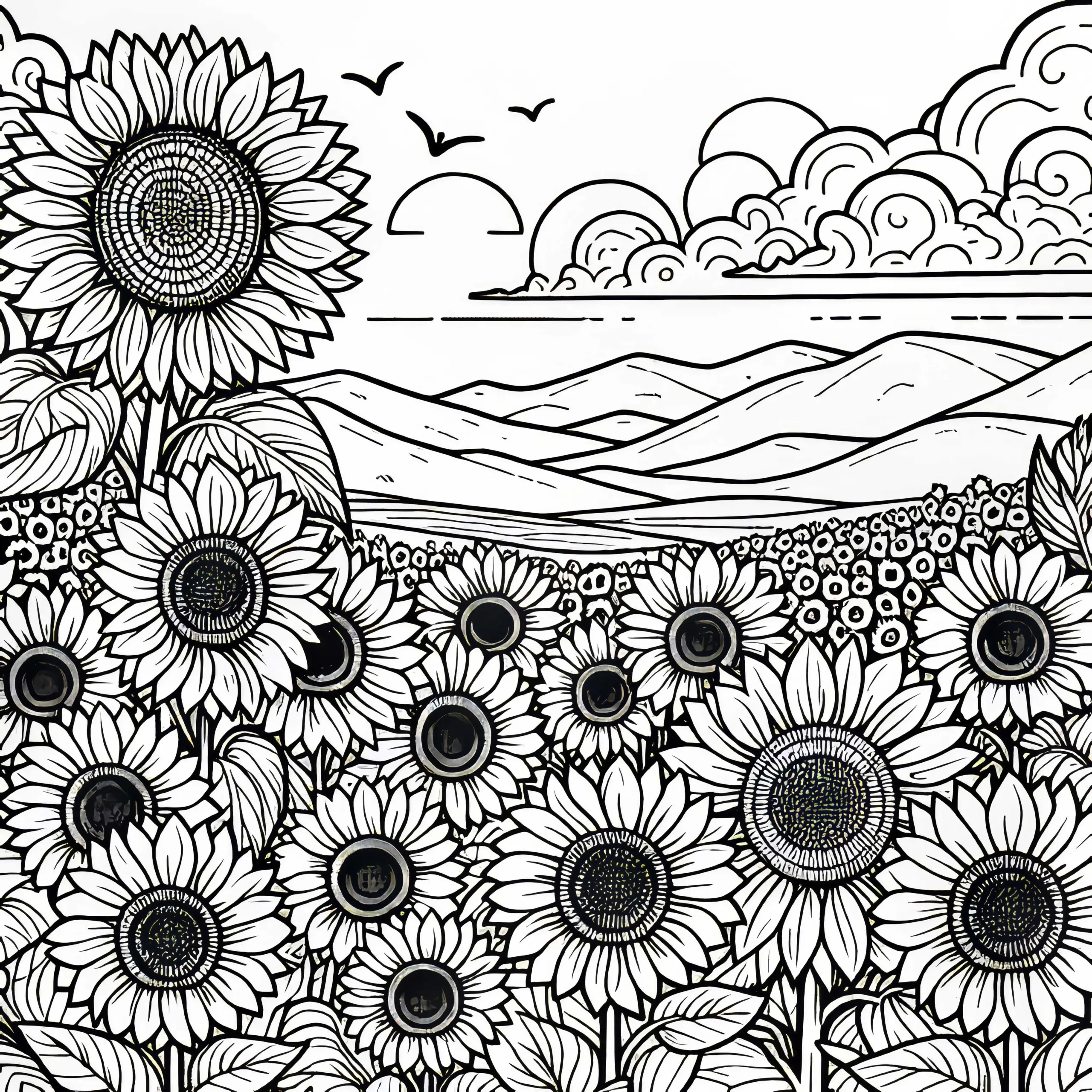 Feld voller Sonnenblumen Malvorlage für Sommerblumen kostenlos (Ausmalbild)