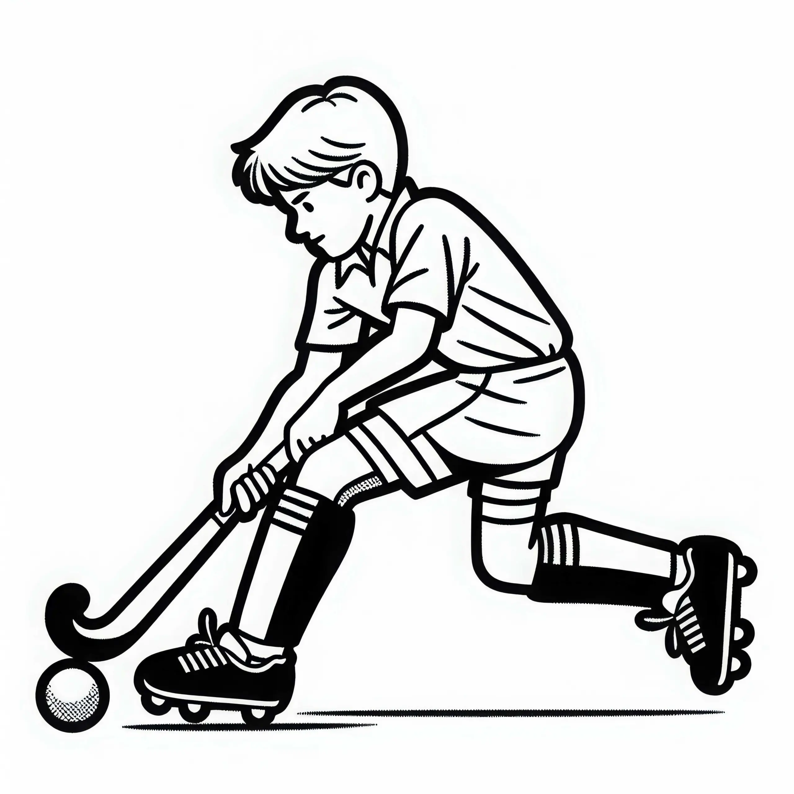 Feldhockey-Spieler dribbelt mit Ball über das Feld – Malvorlage kostenlos (Ausmalbild)