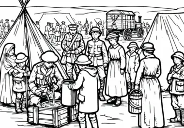 Feldlager: Kinder helfen beim Wasserholen – Malvorlage historischer Schlachten kostenlos
