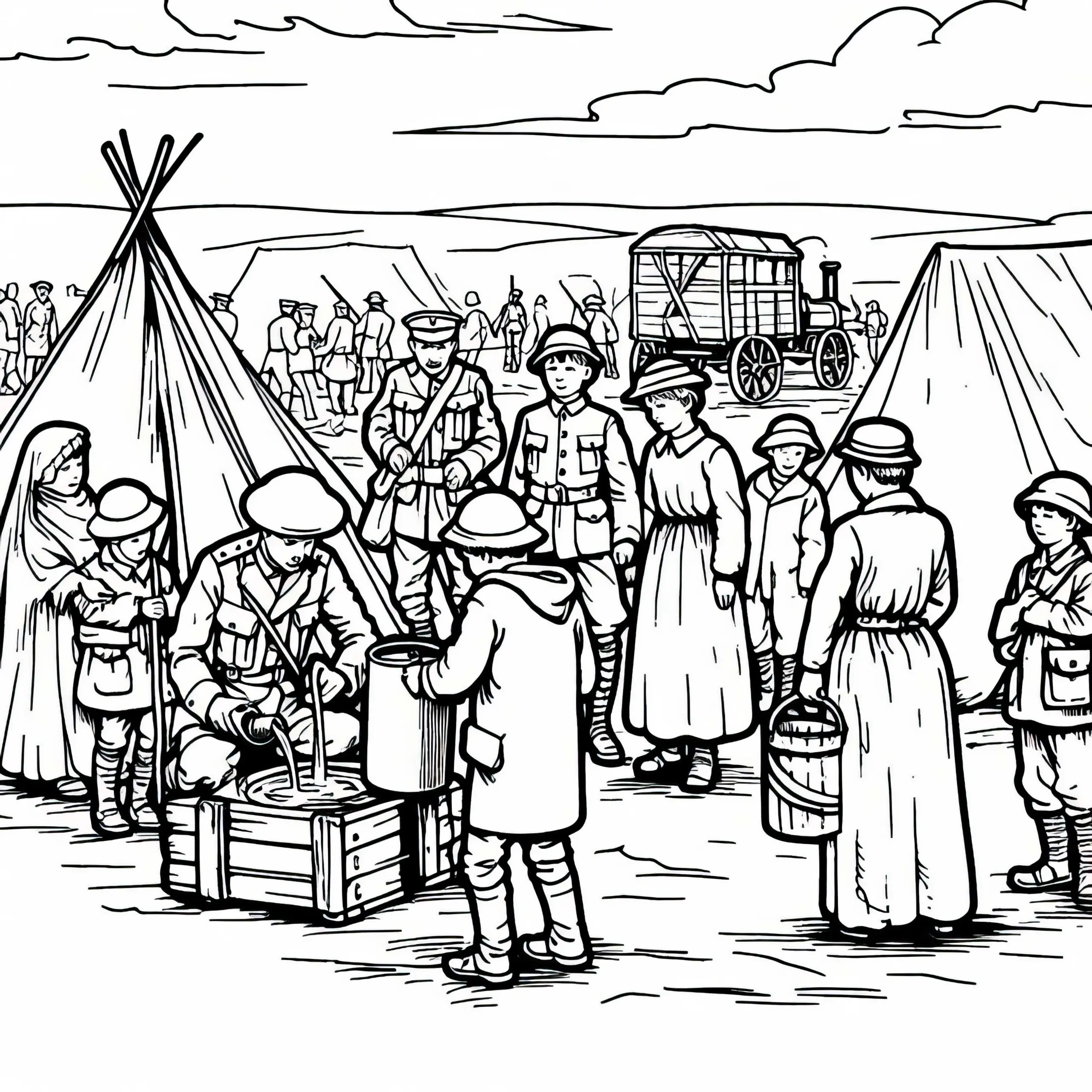 Feldlager: Kinder helfen beim Wasserholen – Malvorlage historischer Schlachten kostenlos (Ausmalbild)