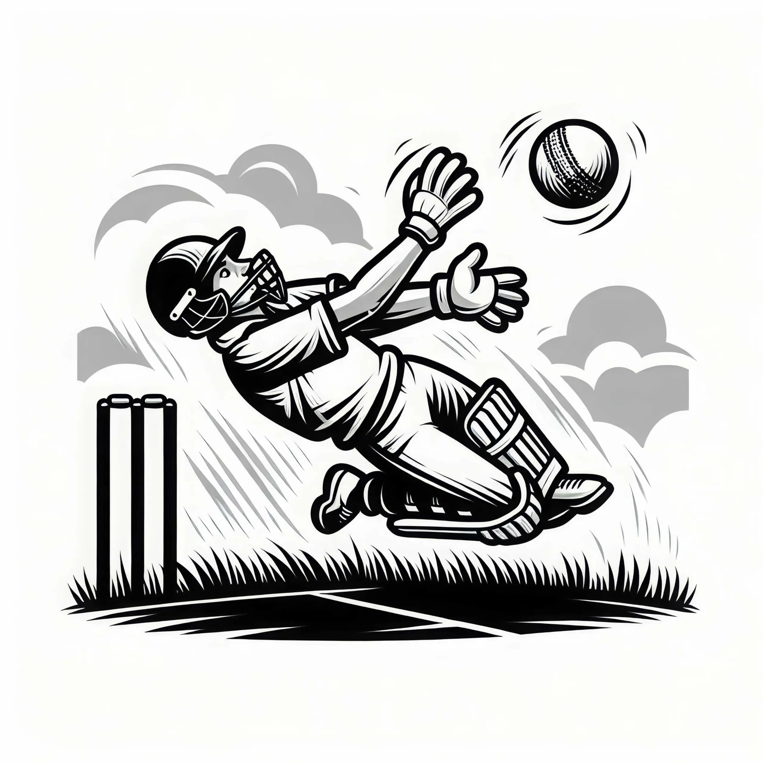 Feldspieler fängt Ball beim Cricket – Ausmalbild gratis
